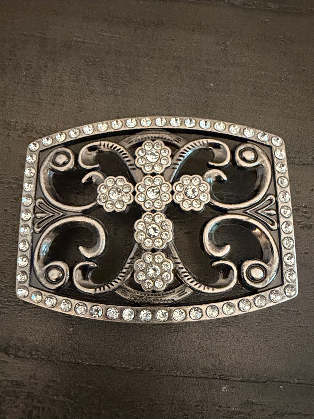 Silver Rhinestone Floral Cross Belt Buckle
